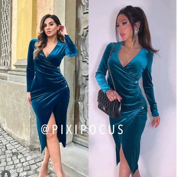 ZARA VELVET JEWEL BUTTON RUCHED MIDI DRESS BLUE - Picture 4 of 12